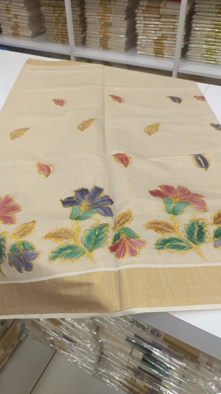 Multicolor floral Embroidered handloom Tissue saree - Image 5