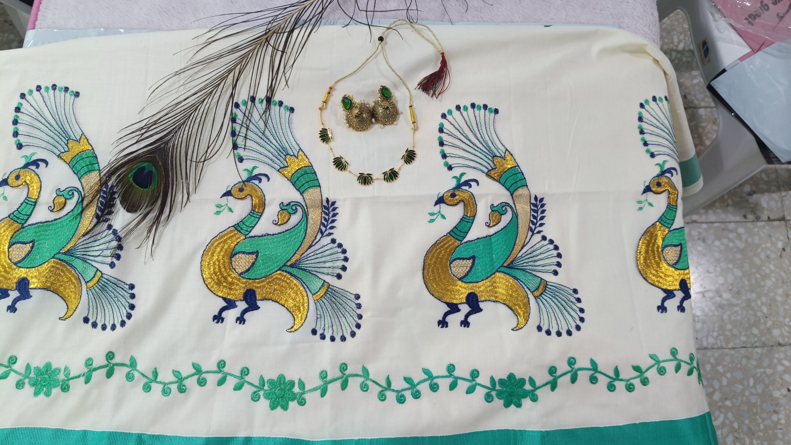 onam special Peacock Embroidery saree - Image 5