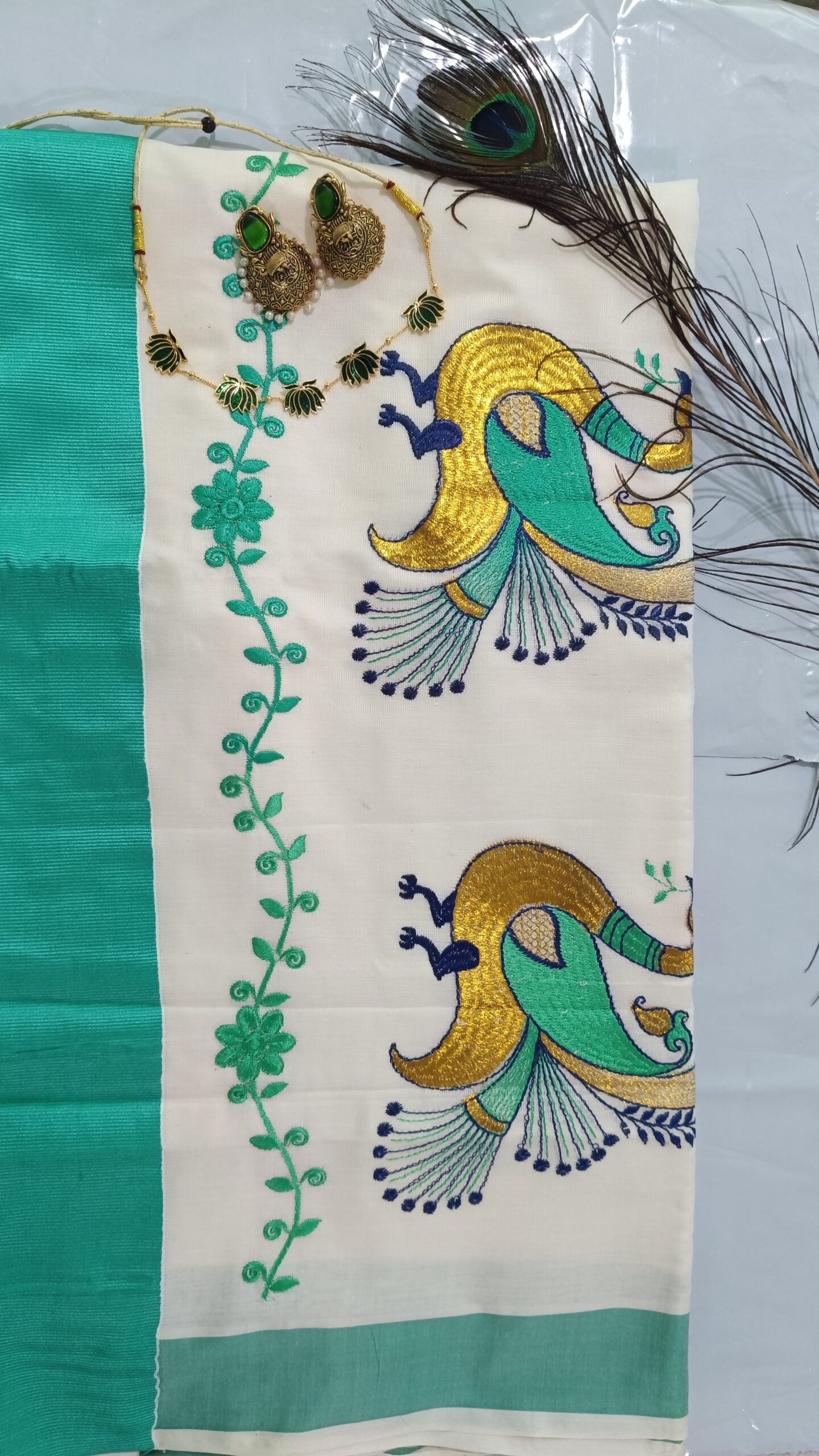 onam special Peacock Embroidery saree - Image 3
