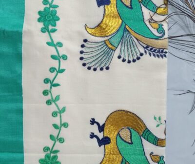 onam special Peacock Embroidery saree
