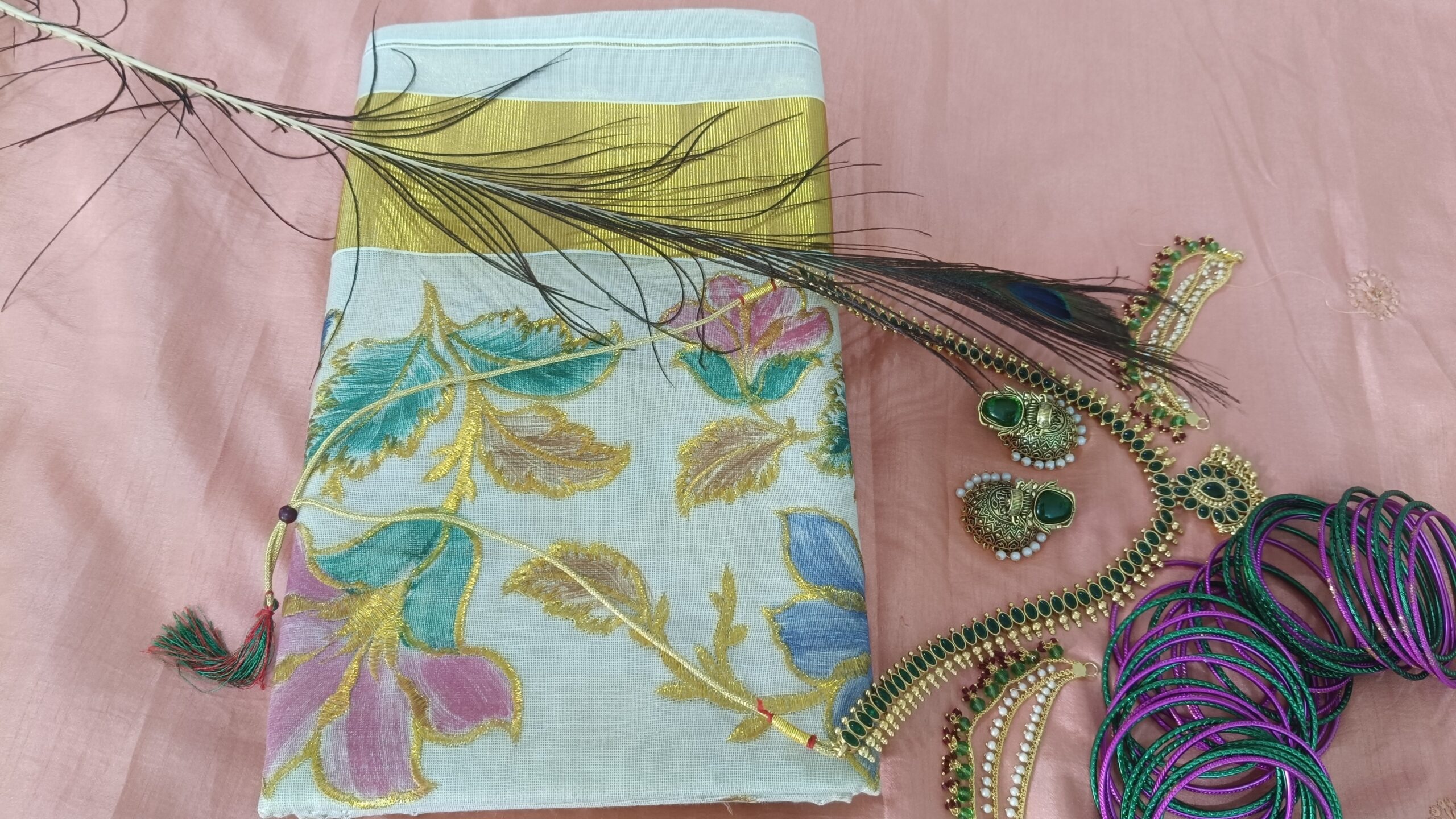 Multicolor floral Embroidered handloom Tissue saree - Image 2