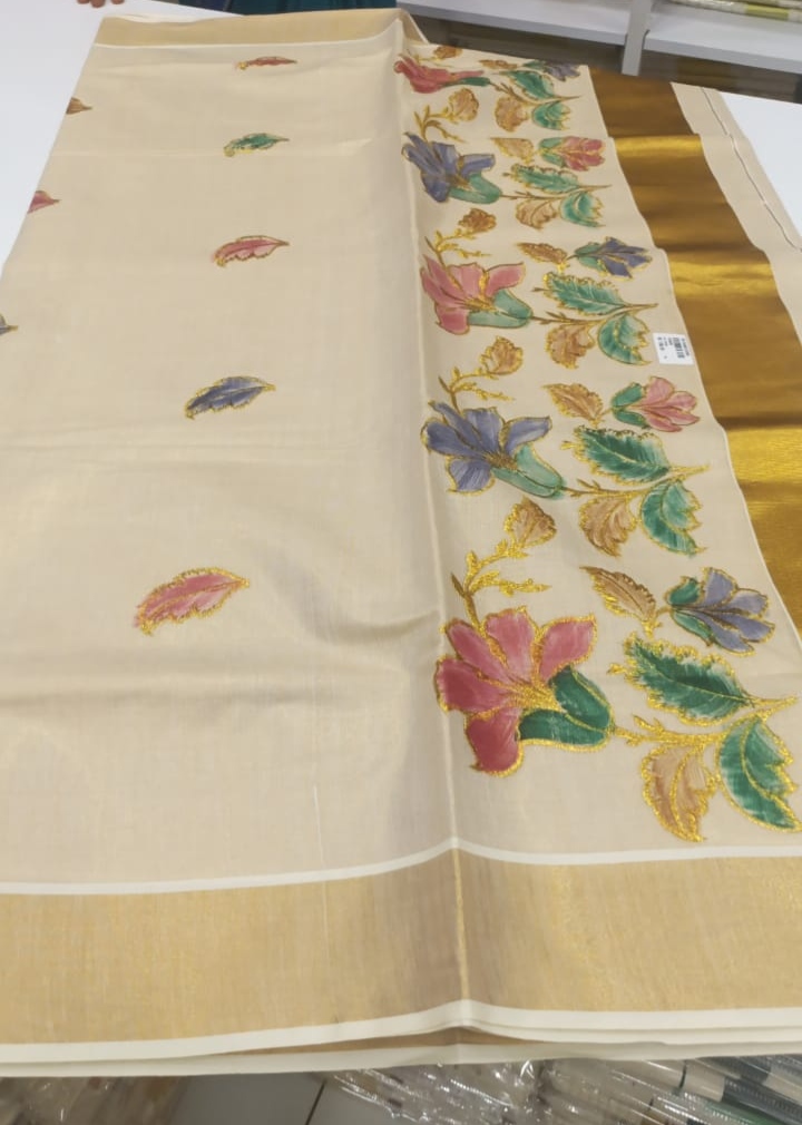 Multicolor floral Embroidered handloom Tissue saree - Image 4