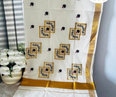 Premium Handloon Embroidered Kasavu saree